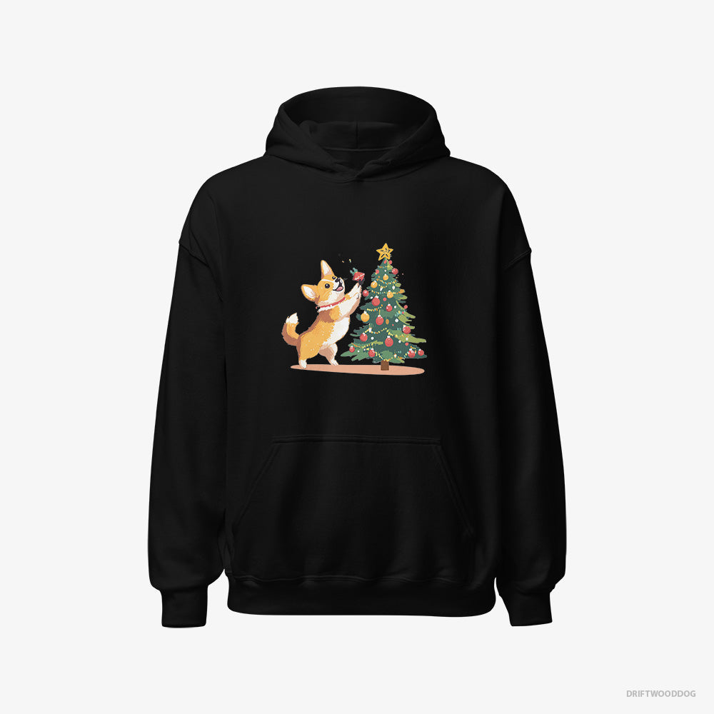 Corgi Hoodie – Women Black Hoodie Classic – Adding Christmas Accents to the Tree (on White Background)