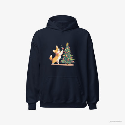 Corgi Adding Christmas Accents to the Tree Navy Hoodie