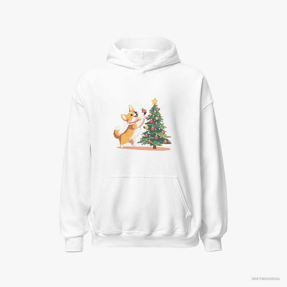 Corgi Hoodie – Men White Hoodie Classic – Adding Christmas Accents to the Tree (on White Background)