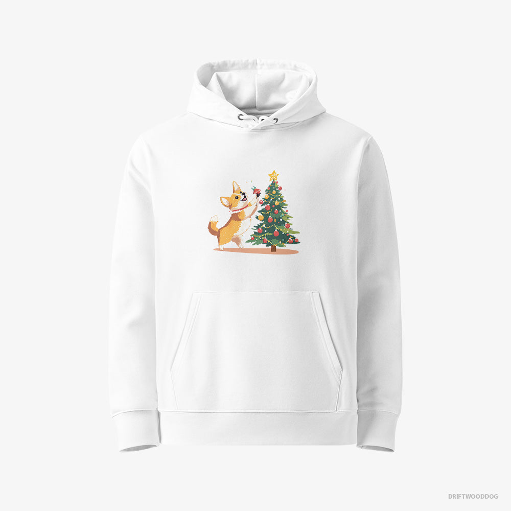 Corgi Hoodie – Women White Hoodie Eco-Friendly – Adding Christmas Accents to the Tree (on White Background)