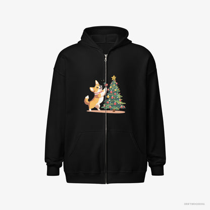 Corgi Adding Christmas Accents to the Tree Black Hoodie