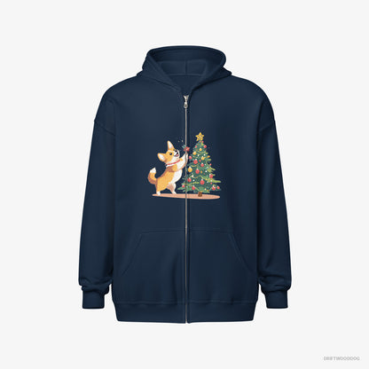 Corgi Hoodie – Men Navy Hoodie Full-Zip – Adding Christmas Accents to the Tree (on White Background)