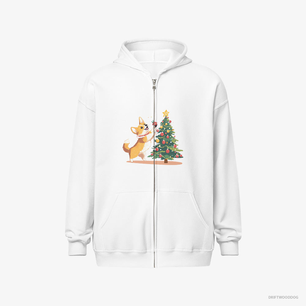 Corgi Hoodie – Men White Hoodie Full-Zip – Adding Christmas Accents to the Tree (on White Background)