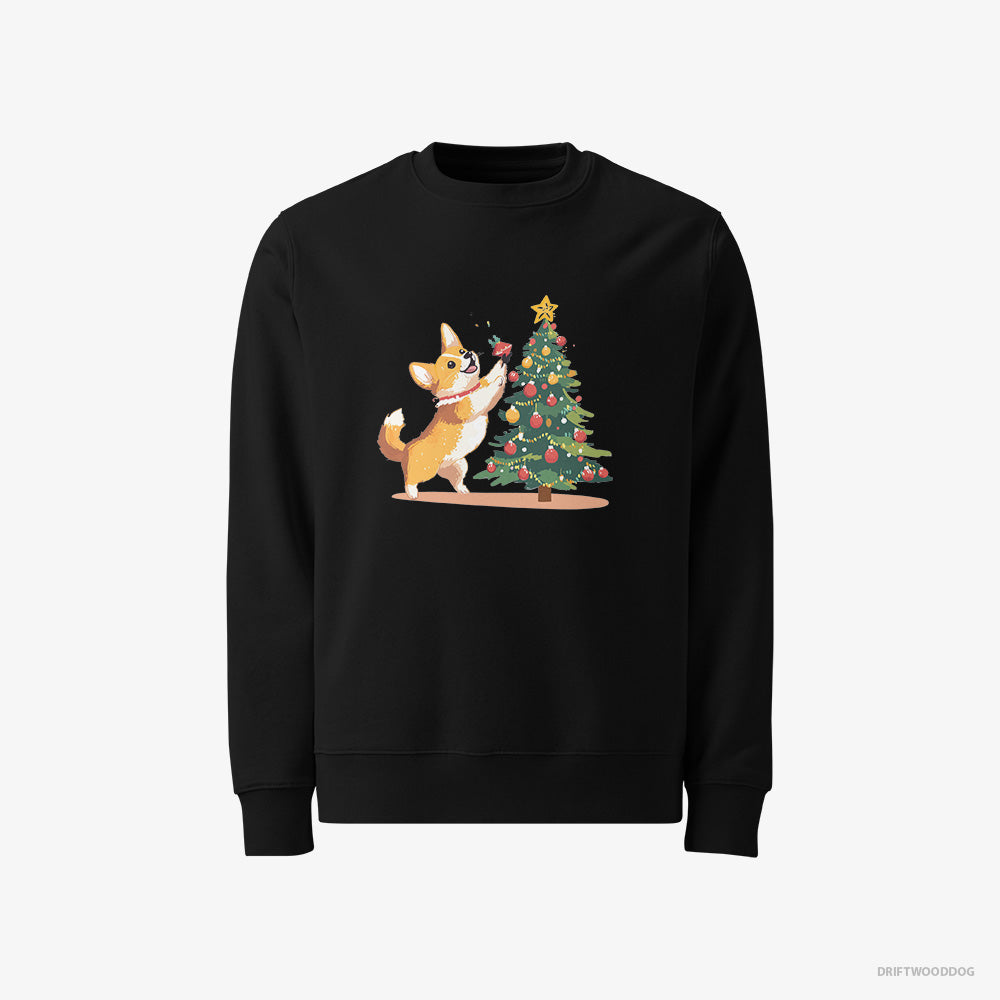 Corgi Sweatshirt – Men Black Sweatshirt Classic – Adding Christmas Accents to the Tree (on White Background)