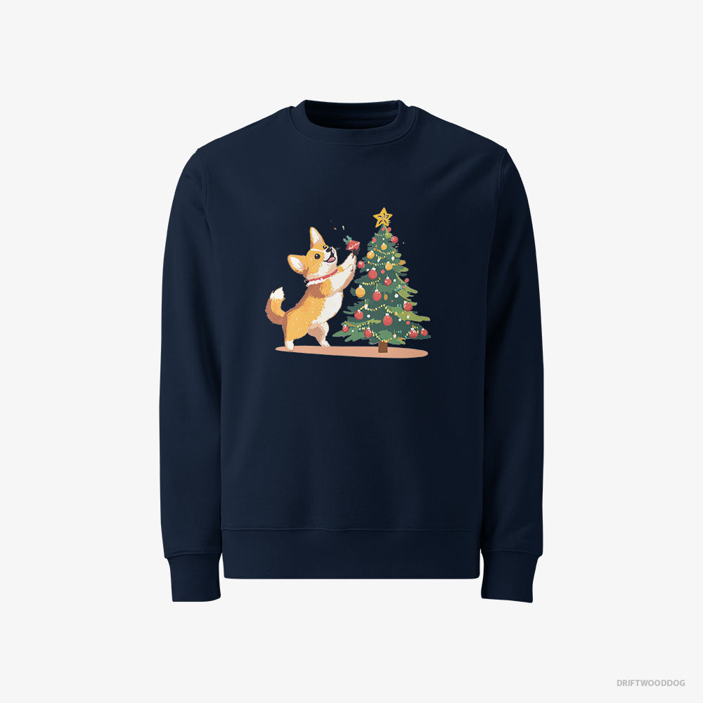 Corgi Sweatshirt – Men Navy Sweatshirt Classic – Adding Christmas Accents to the Tree (on White Background)