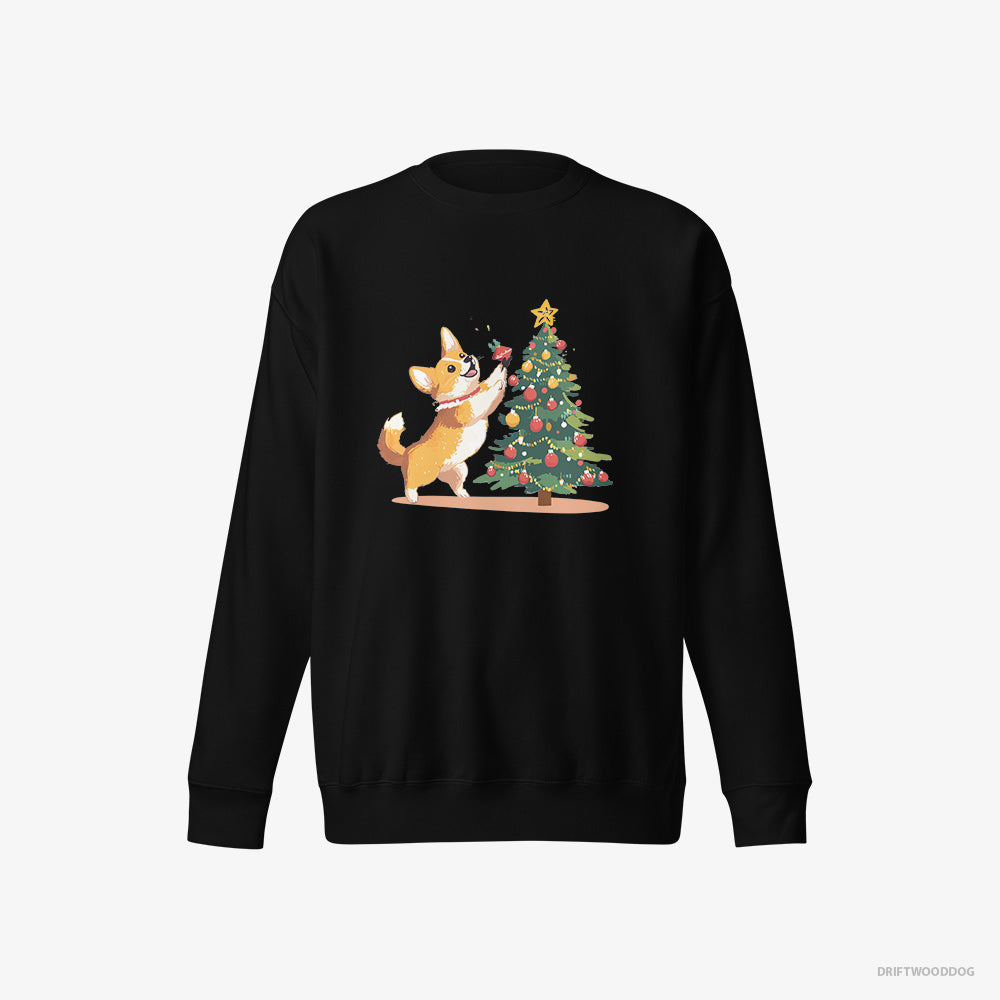 Corgi Sweatshirt – Men Black Sweatshirt Eco-Friendly – Adding Christmas Accents to the Tree (on White Background)