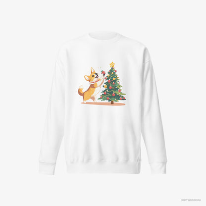 Corgi Adding Christmas Accents to the Tree White Sweatshirt