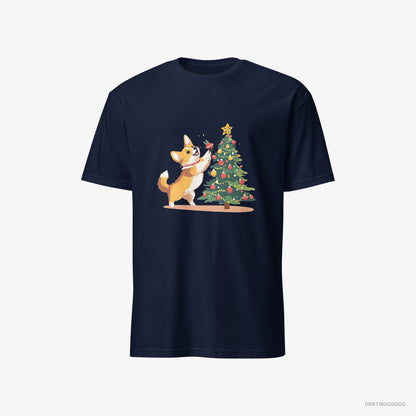 Corgi T-Shirt – Men Navy T-Shirt Classic – Adding Christmas Accents to the Tree (on White Background)