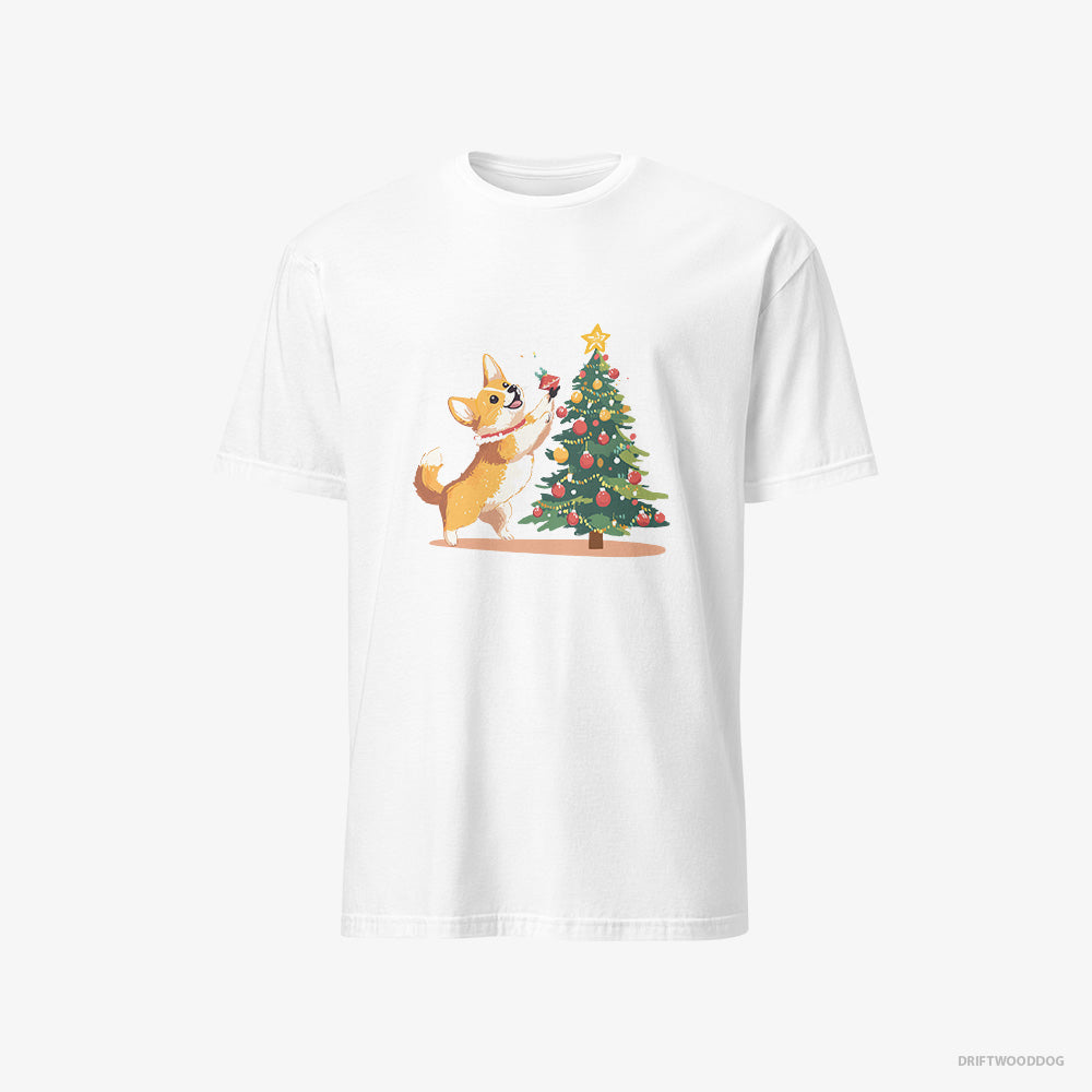 Corgi T-Shirt – Men White T-Shirt Classic – Adding Christmas Accents to the Tree (on White Background)