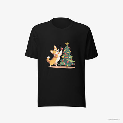 Corgi T-Shirt – Men Black T-Shirt Eco-Friendly – Adding Christmas Accents to the Tree (on White Background)