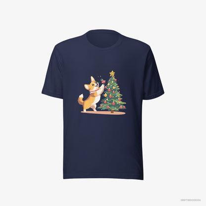 Corgi T-Shirt – Men Navy T-Shirt Eco-Friendly – Adding Christmas Accents to the Tree (on White Background)