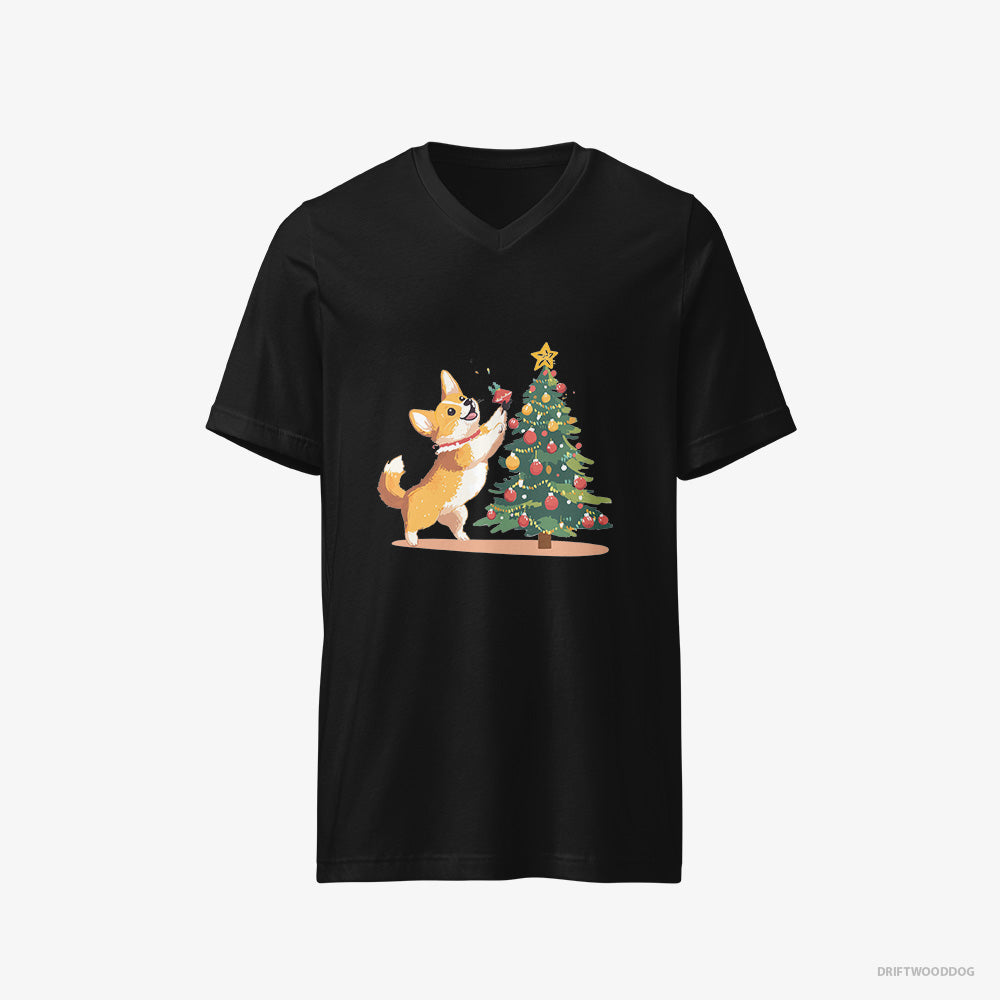 Corgi T-Shirt – Men Black T-Shirt V-Neck – Adding Christmas Accents to the Tree (on White Background)