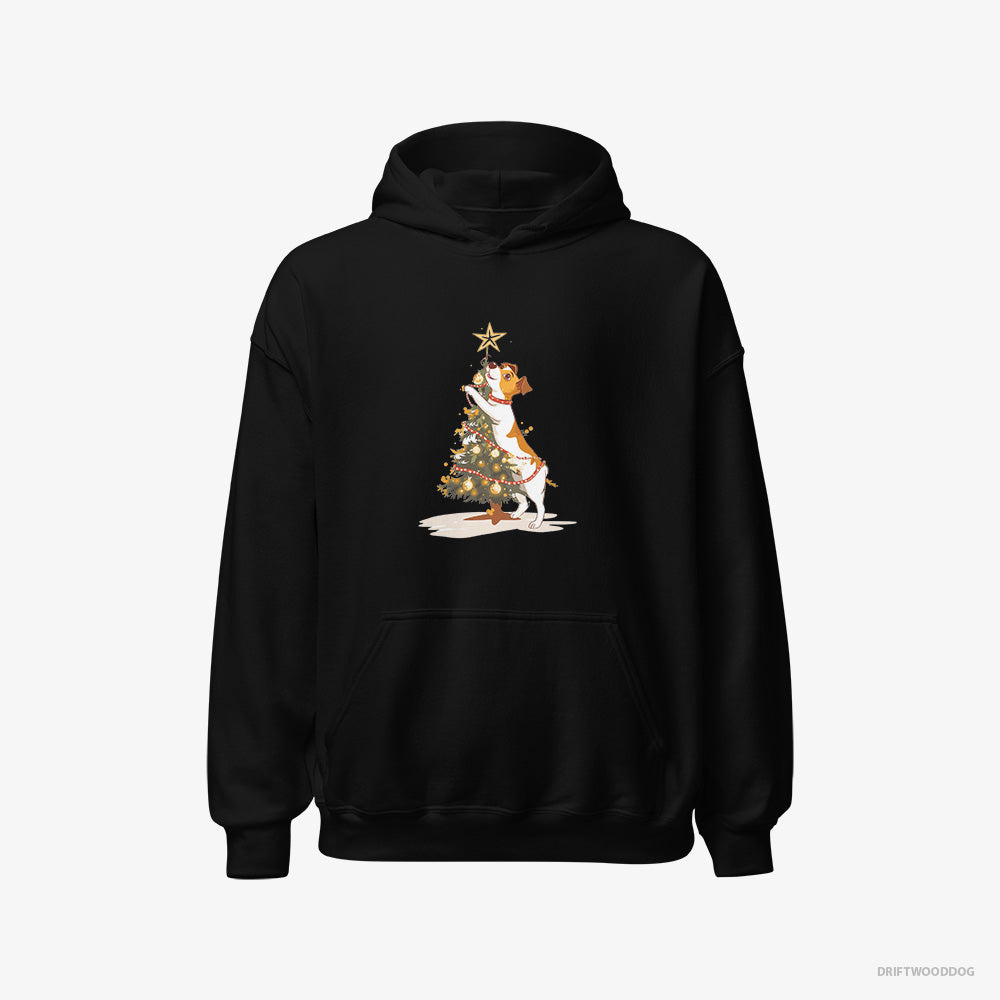 Jack Russell Terrier Hoodie – Women Black Hoodie Classic – Decorating the Tree with Lights (on White Background)