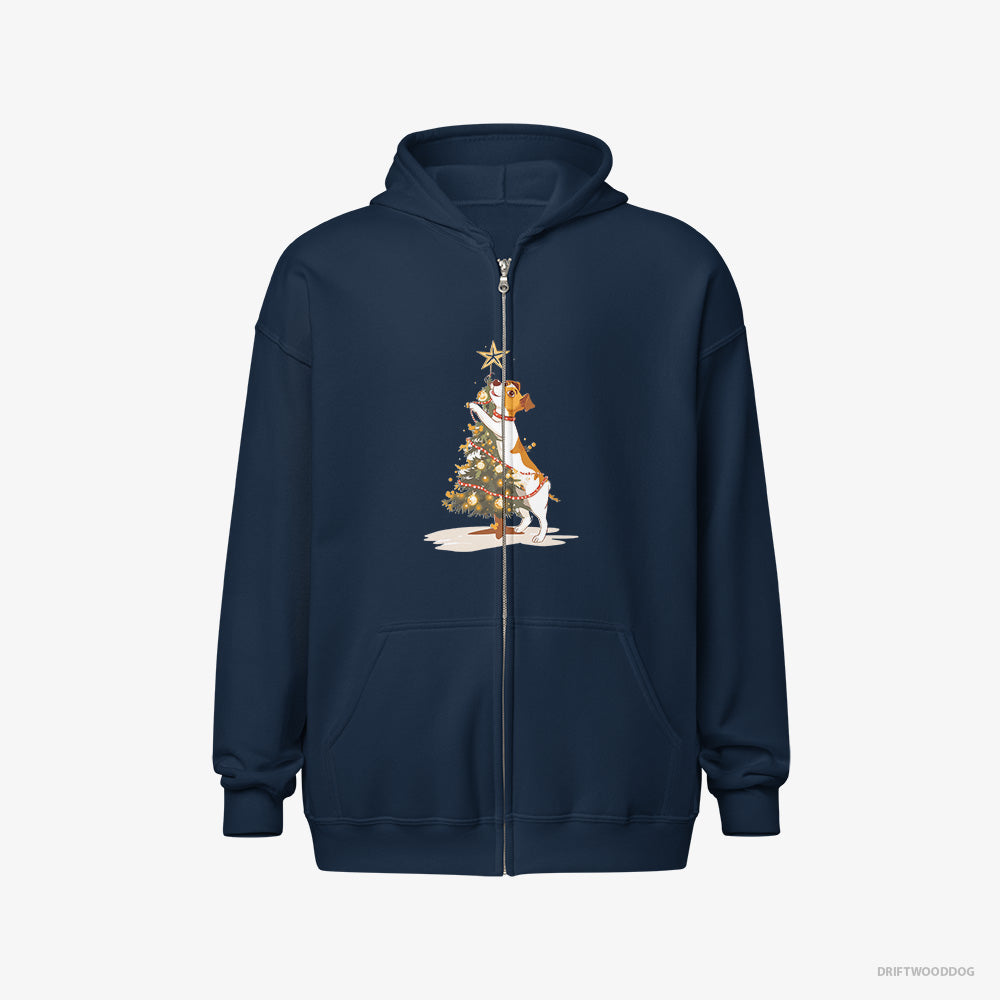 Jack Russell Terrier Hoodie – Men Navy Hoodie Full-Zip – Decorating the Tree with Lights (on White Background)