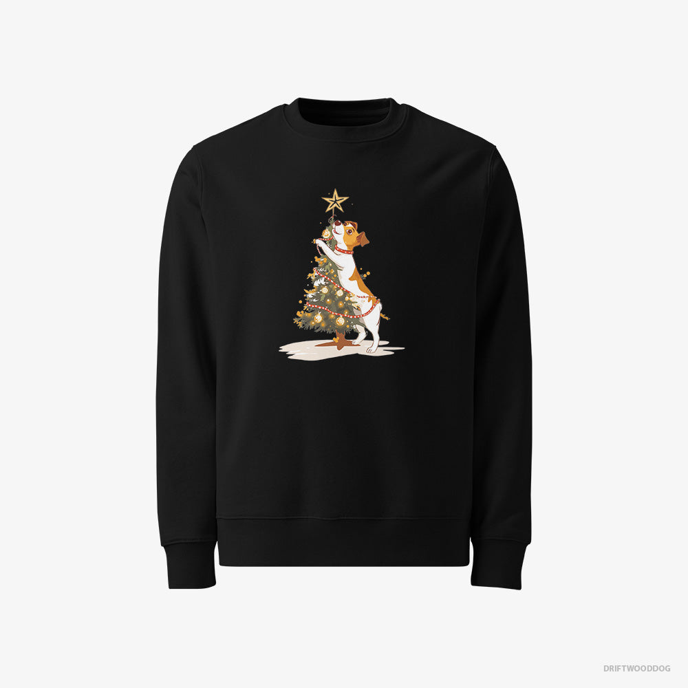 Jack Russell Terrier Sweatshirt – Men Black Sweatshirt Classic – Decorating the Tree with Lights (on White Background)