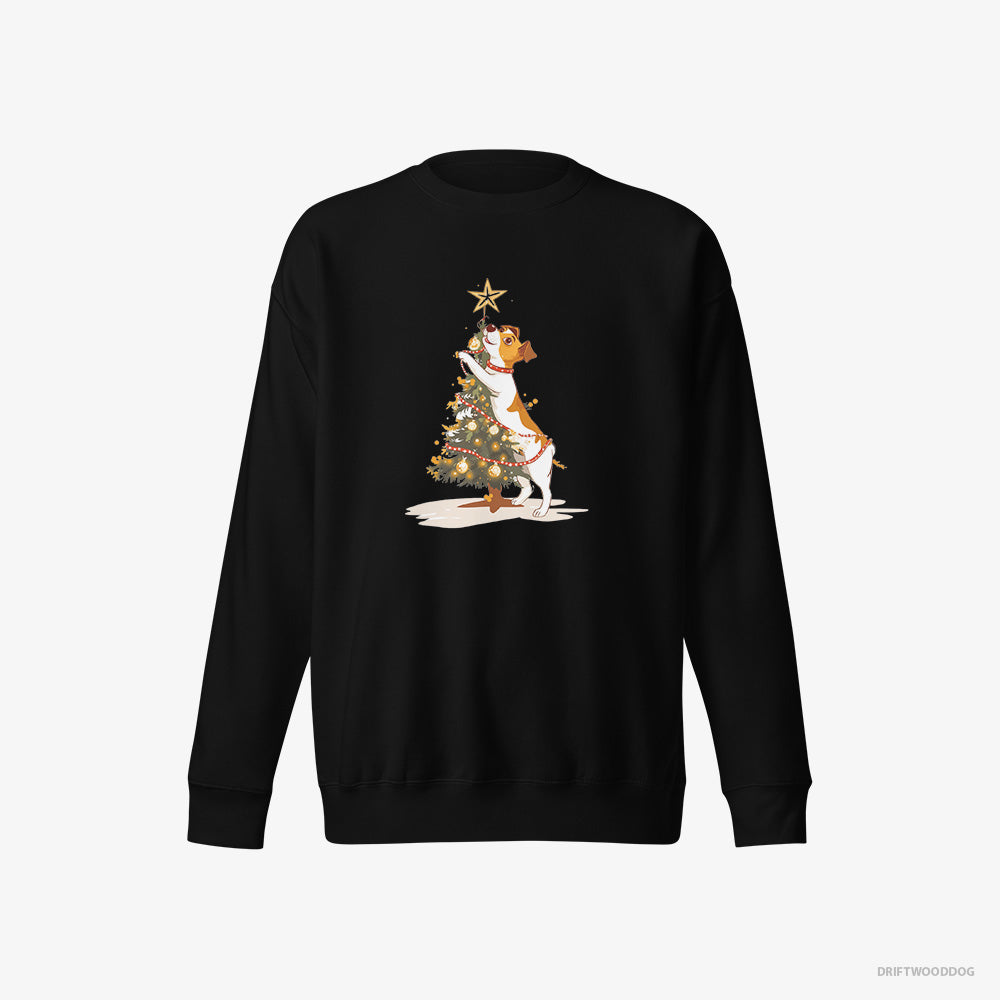 Jack Russell Terrier Sweatshirt – Men Black Sweatshirt Eco-Friendly – Decorating the Tree with Lights (on White Background)