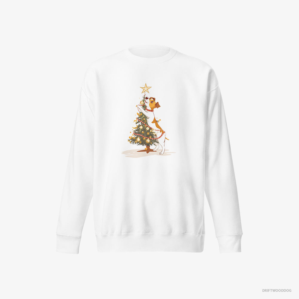 Jack Russell Terrier Sweatshirt – Men White Sweatshirt Eco-Friendly – Decorating the Tree with Lights (on White Background)