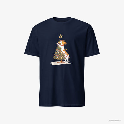 Jack Russell Terrier Decorating the Tree with Lights Navy T-Shirt