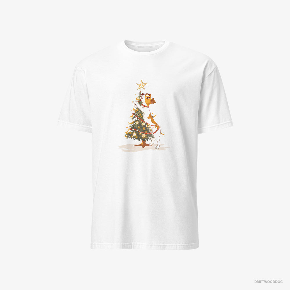 Jack Russell Terrier T-Shirt – Men White T-Shirt Classic – Decorating the Tree with Lights (on White Background)