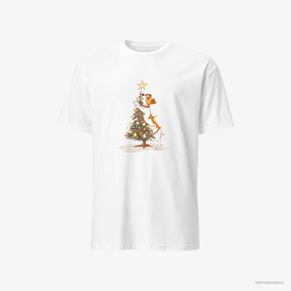 Jack Russell Terrier T-Shirt – Men White T-Shirt Classic – Decorating the Tree with Lights (on White Background)