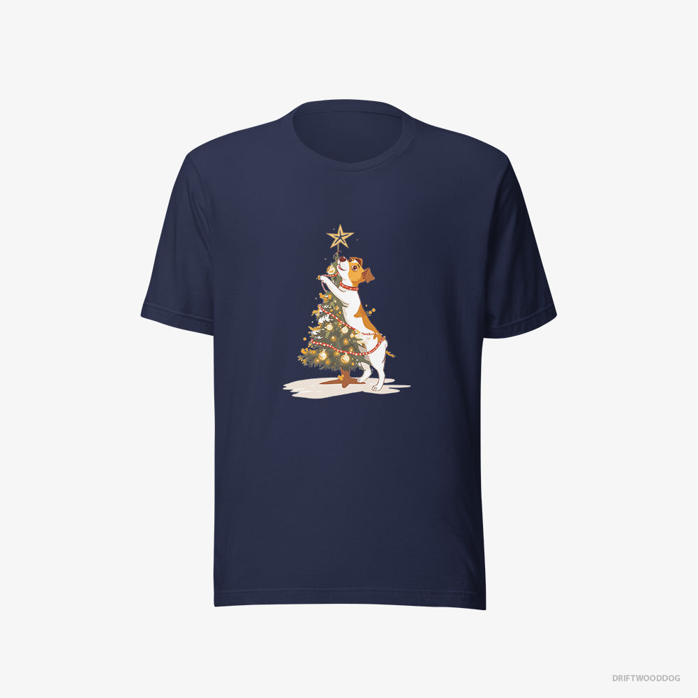 Jack Russell Terrier T-Shirt – Women Navy T-Shirt Eco-Friendly – Decorating the Tree with Lights (on White Background)