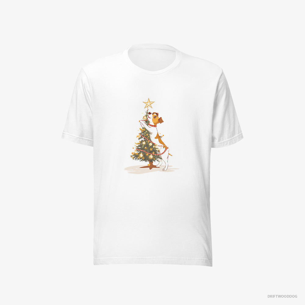 Jack Russell Terrier T-Shirt – Men White T-Shirt Eco-Friendly – Decorating the Tree with Lights (on White Background)