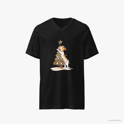 Jack Russell Terrier T-Shirt – Men Black T-Shirt V-Neck – Decorating the Tree with Lights (on White Background)