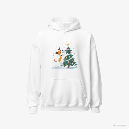 Jack Russell Terrier Hoodie – Men White Hoodie Classic – Wrapping a Cozy Ribbon Around the Tree (on White Background)