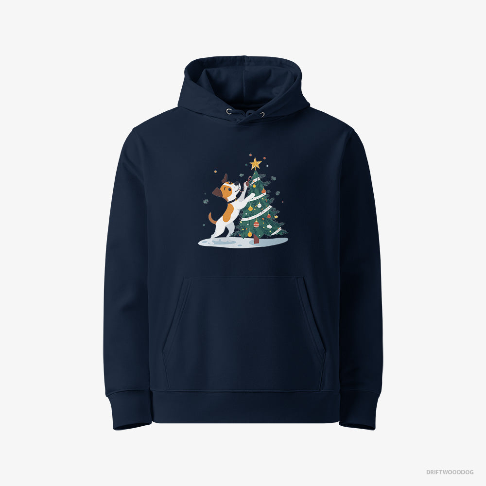 Jack Russell Terrier Hoodie – Women Navy Hoodie Eco-Friendly – Wrapping a Cozy Ribbon Around the Tree (on White Background)