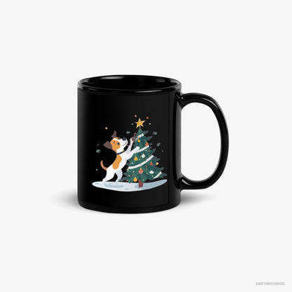 Jack Russell Terrier Mug – Unisex Black Mug Classic – Wrapping a Cozy Ribbon Around the Tree (on White Background)