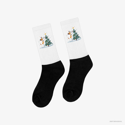 Jack Russell Terrier Wrapping a Cozy Ribbon Around the Tree White and Black Socks