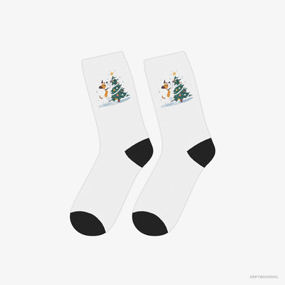 Jack Russell Terrier Socks – Unisex White Socks Classic – Wrapping a Cozy Ribbon Around the Tree (on White Background)