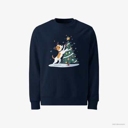 Jack Russell Terrier Sweatshirt – Men Navy Sweatshirt Classic – Wrapping a Cozy Ribbon Around the Tree (on White Background)