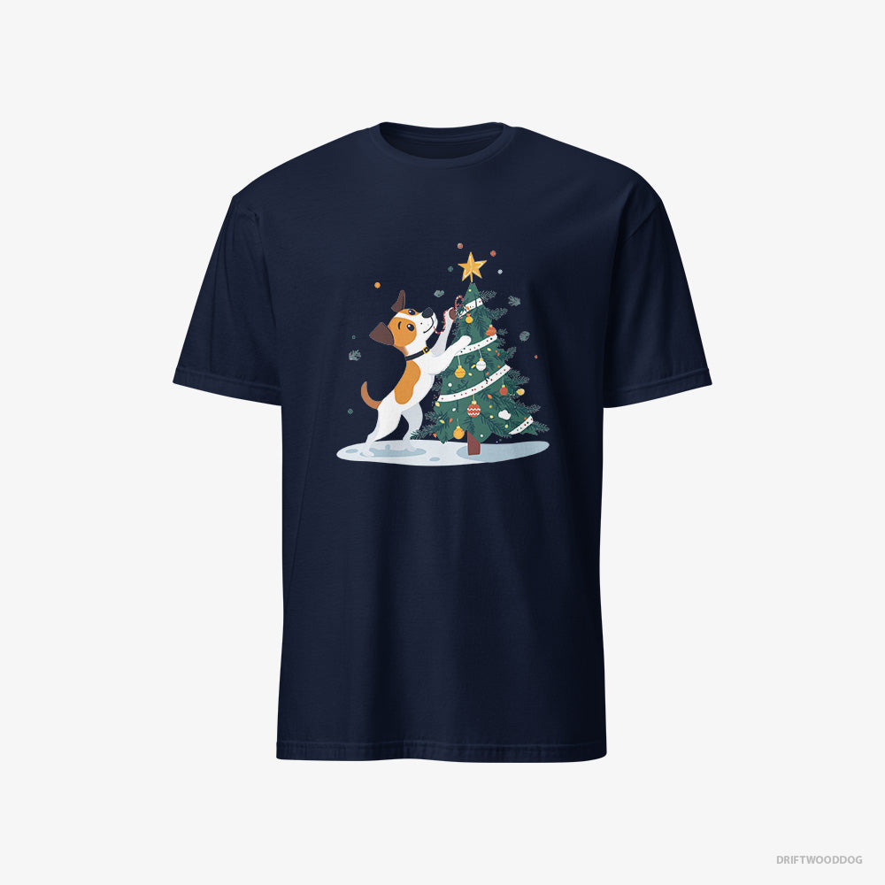 Jack Russell Terrier T-Shirt – Men Navy T-Shirt Classic – Wrapping a Cozy Ribbon Around the Tree (on White Background)