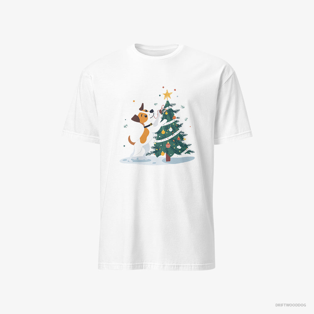 Jack Russell Terrier T-Shirt – Men White T-Shirt Classic – Wrapping a Cozy Ribbon Around the Tree (on White Background)