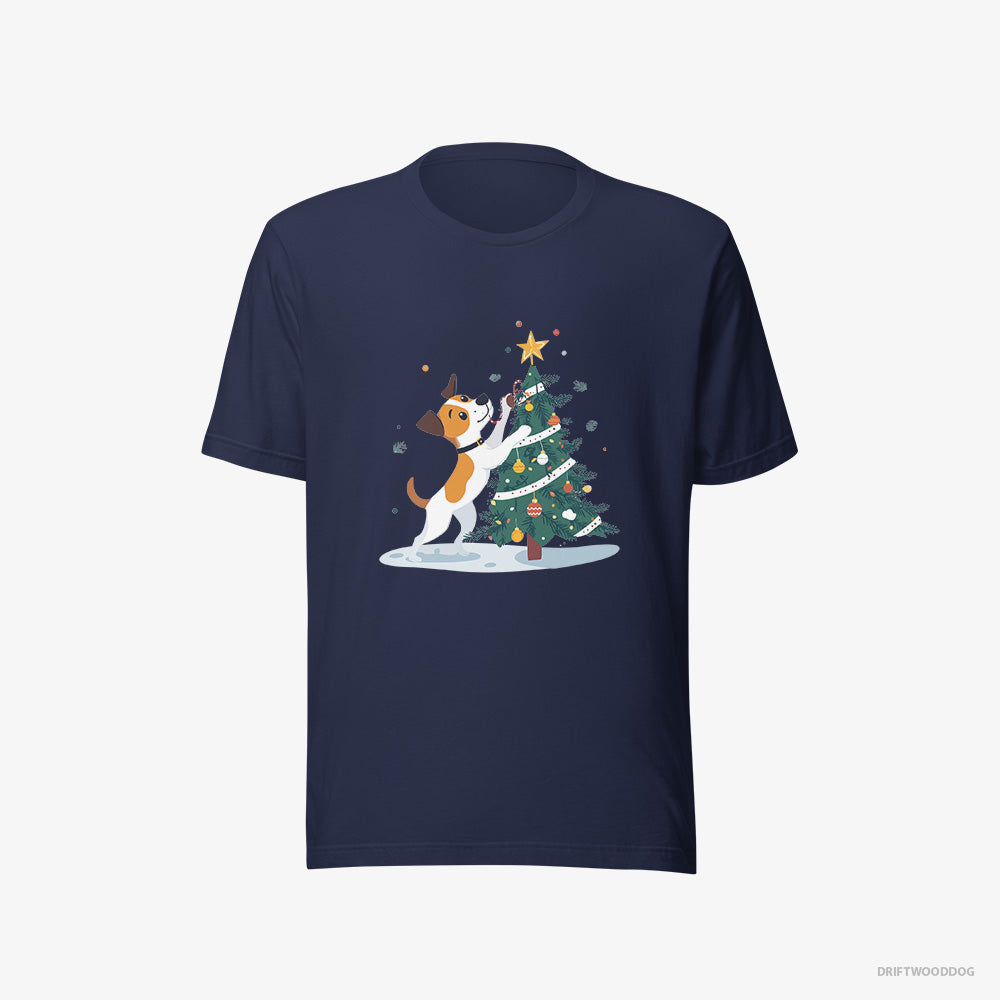 Jack Russell Terrier T-Shirt – Men Navy T-Shirt Eco-Friendly – Wrapping a Cozy Ribbon Around the Tree (on White Background)