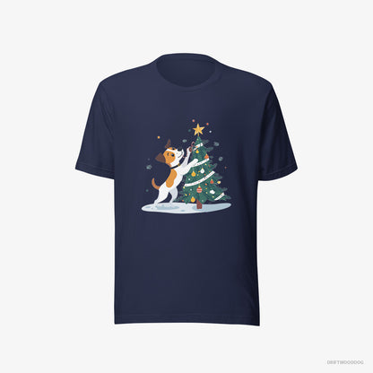 Jack Russell Terrier Wrapping a Cozy Ribbon Around the Tree Navy T-Shirt