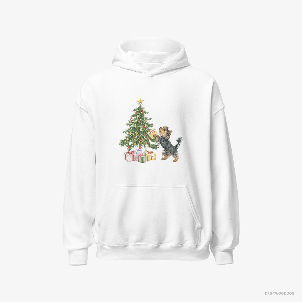 Yorkshire Terrier Hoodie – Men White Hoodie Classic – Placing Christmas Presents Under the Tree (on White Background)