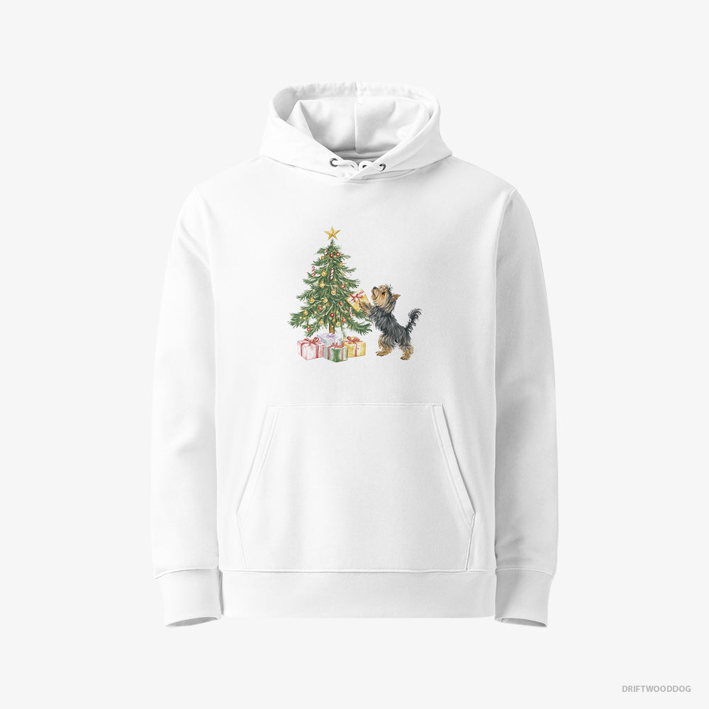 Yorkshire Terrier Hoodie – Women White Hoodie Eco-Friendly – Placing Christmas Presents Under the Tree (on White Background)