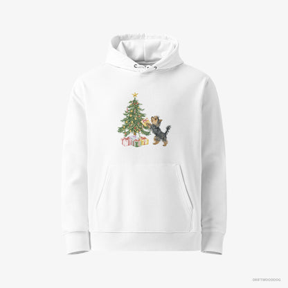 Yorkshire Terrier Placing Christmas Presents Under the Tree White Hoodie