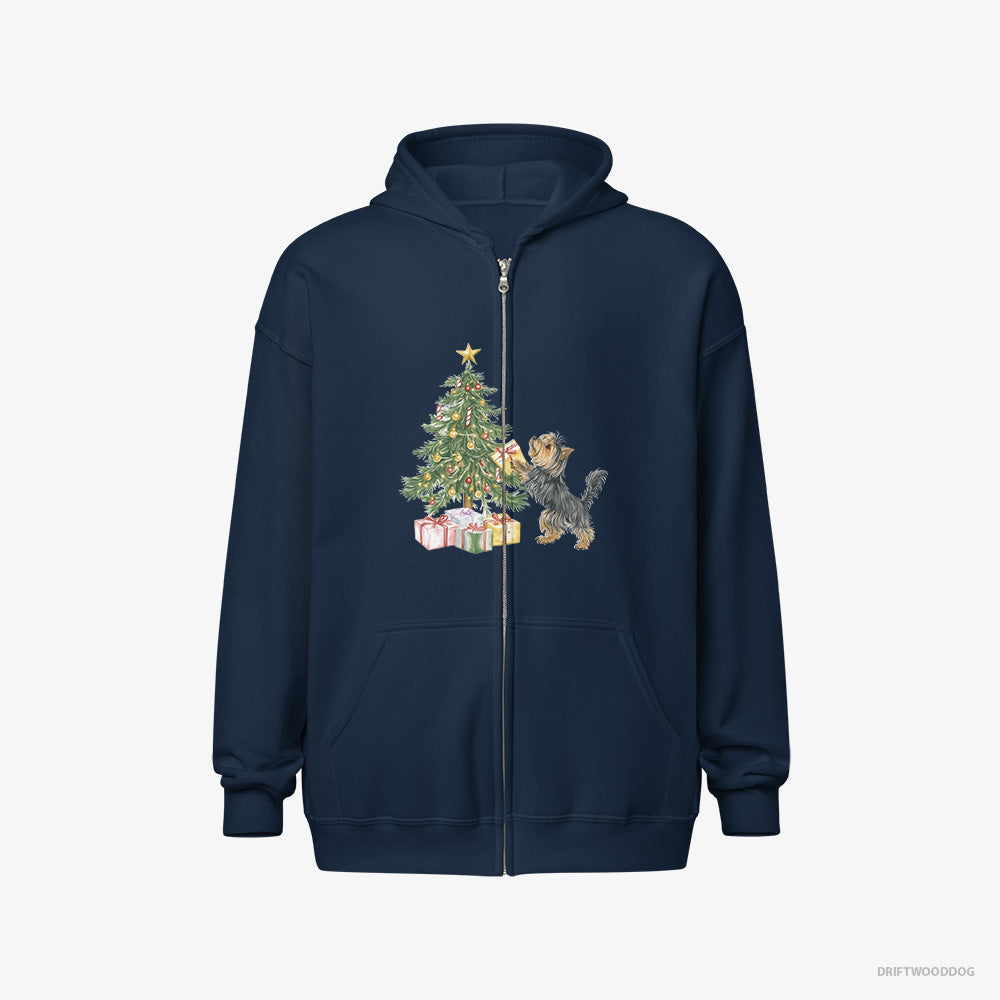 Yorkshire Terrier Hoodie – Men Navy Hoodie Full-Zip – Placing Christmas Presents Under the Tree (on White Background)