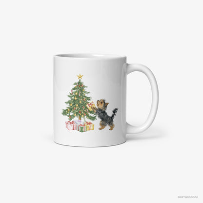 Yorkshire Terrier Placing Christmas Presents Under the Tree White Mug