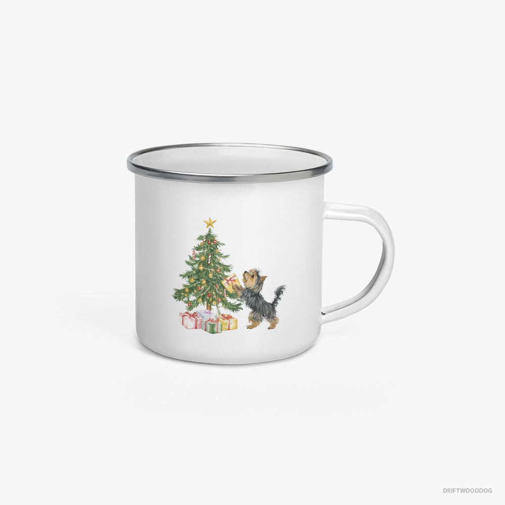 Yorkshire Terrier Placing Christmas Presents Under the Tree Enamel Mug