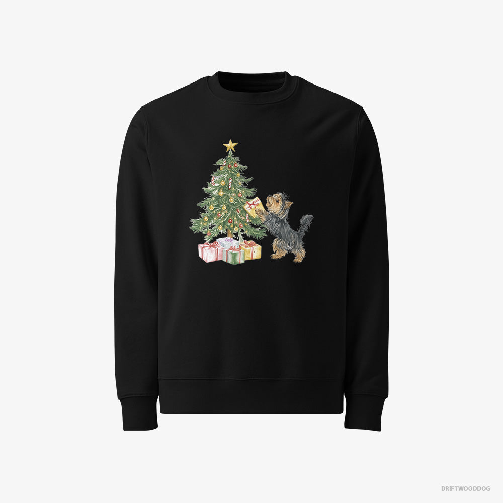 Yorkshire Terrier Sweatshirt – Men Black Sweatshirt Classic – Placing Christmas Presents Under the Tree (on White Background)