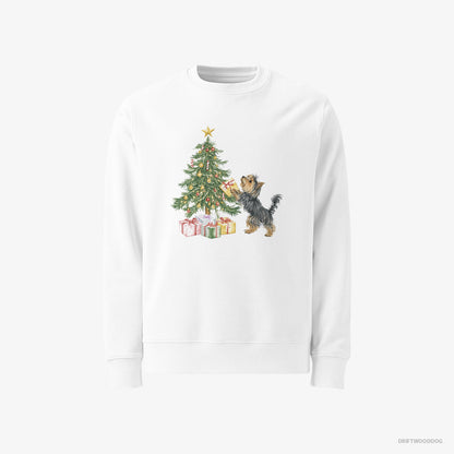 Yorkshire Terrier Placing Christmas Presents Under the Tree White Sweatshirt