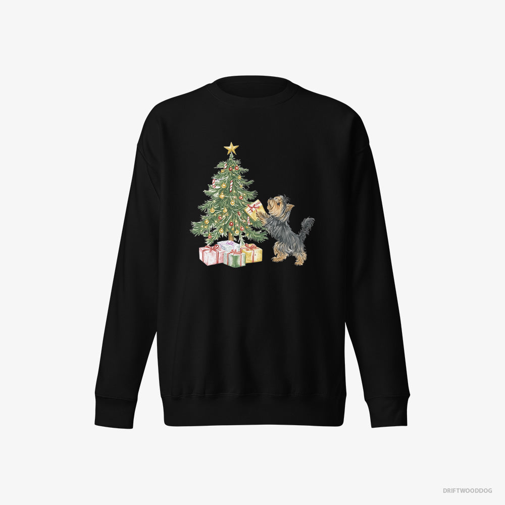 Yorkshire Terrier Sweatshirt – Women Black Sweatshirt Eco-Friendly – Placing Christmas Presents Under the Tree (on White Background)