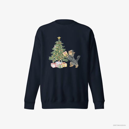 Yorkshire Terrier Placing Christmas Presents Under the Tree Navy Sweatshirt