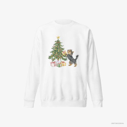 Yorkshire Terrier Placing Christmas Presents Under the Tree White Sweatshirt