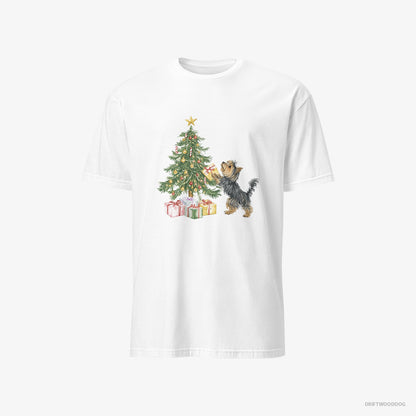 Yorkshire Terrier T-Shirt – Men White T-Shirt Classic – Placing Christmas Presents Under the Tree (on White Background)