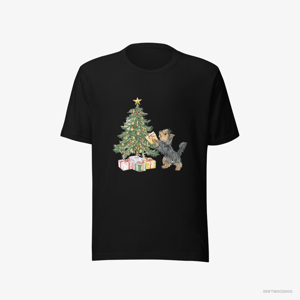 Yorkshire Terrier T-Shirt – Women Black T-Shirt Eco-Friendly – Placing Christmas Presents Under the Tree (on White Background)